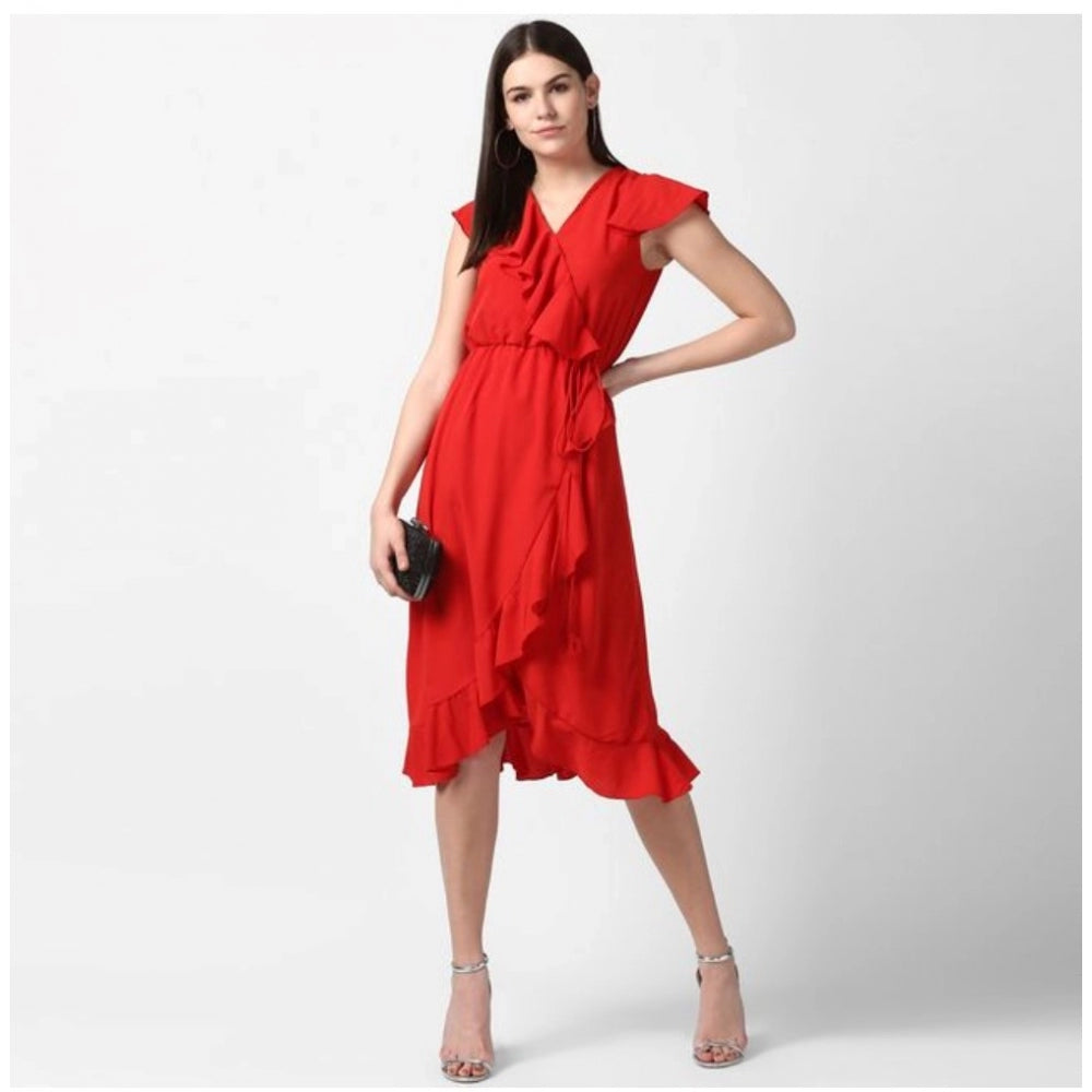 Amfyn Women's Polyester Ruffled Cap Sleeve Knee-Length Dress (Red)