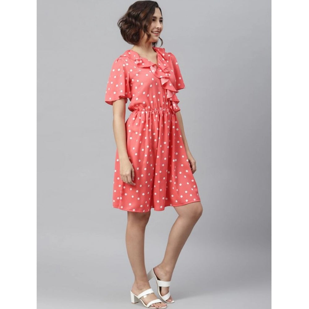 Amfyn Women's Polyester Polka Flutter Above Knee Dress (Coral)
