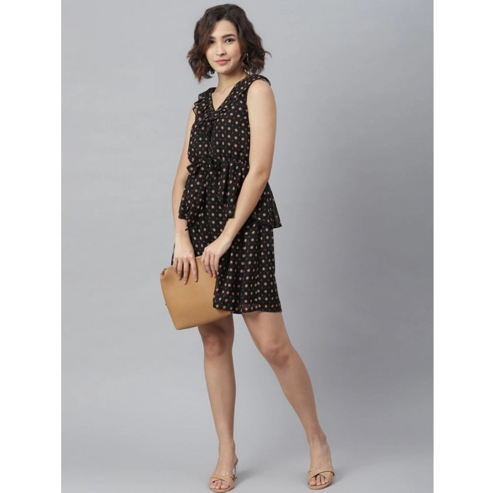 Amfyn Women's Polyester Peplum Sleeveless Above Knee Dress (Black)