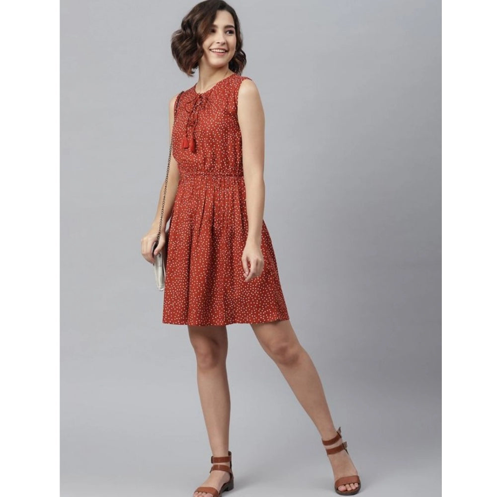 Amfyn Women's Rayon Polka Sleeveless Above Knee Dress (Rust)