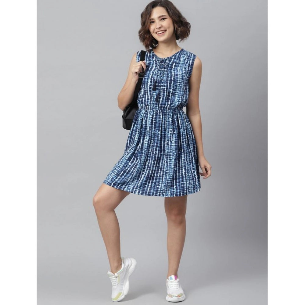 Amfyn Women's Rayon Tie &amp; Dye Sleeveless Above Knee Dress (Blue)