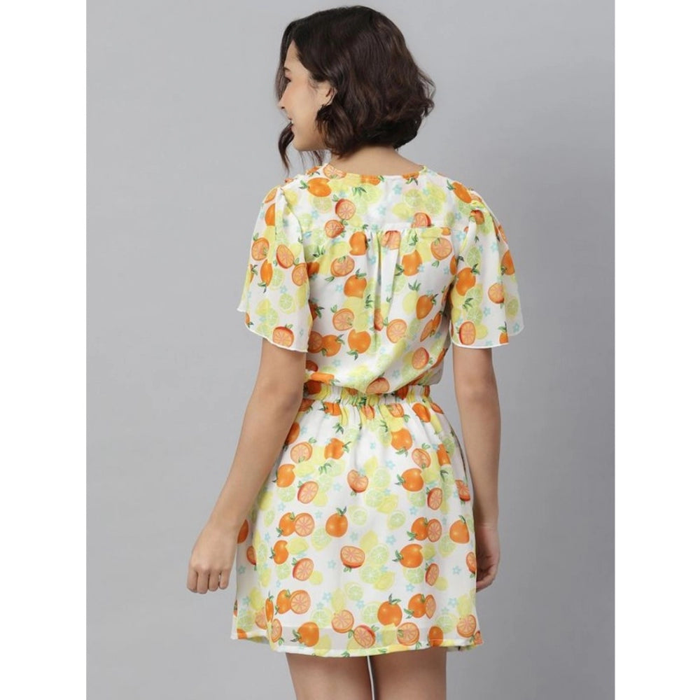 Amfyn Women's Polyester Printed Flutter Above Knee Dress (Orange - Yellow)