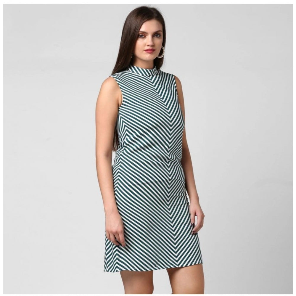 Amfyn Women's Polyester Striped Sleeveless Above Knee Dress (Green)