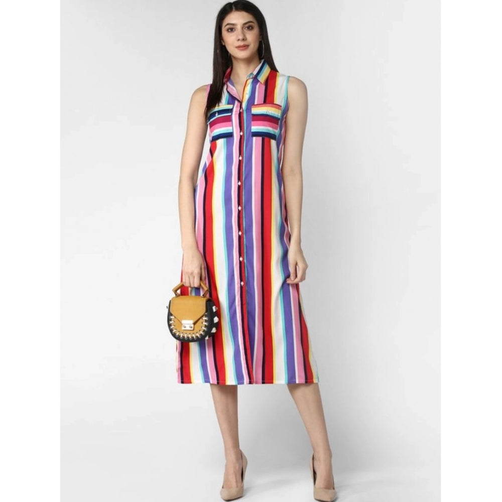 Amfyn Women's Polyester Striped Sleeveless Calf-length Dress (Multicolor)