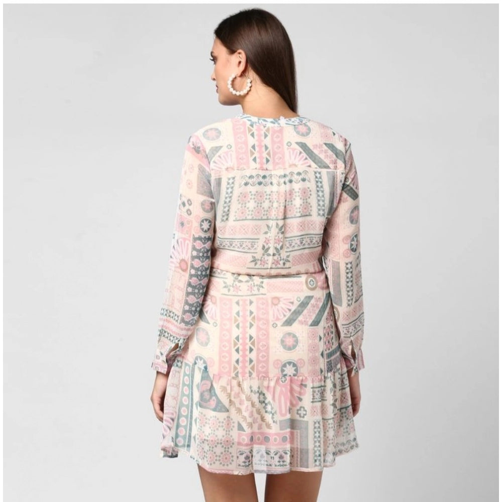 Amfyn Women's Polyester Printed Long Sleeves Above Knee Dress (Light Pink - Off White)