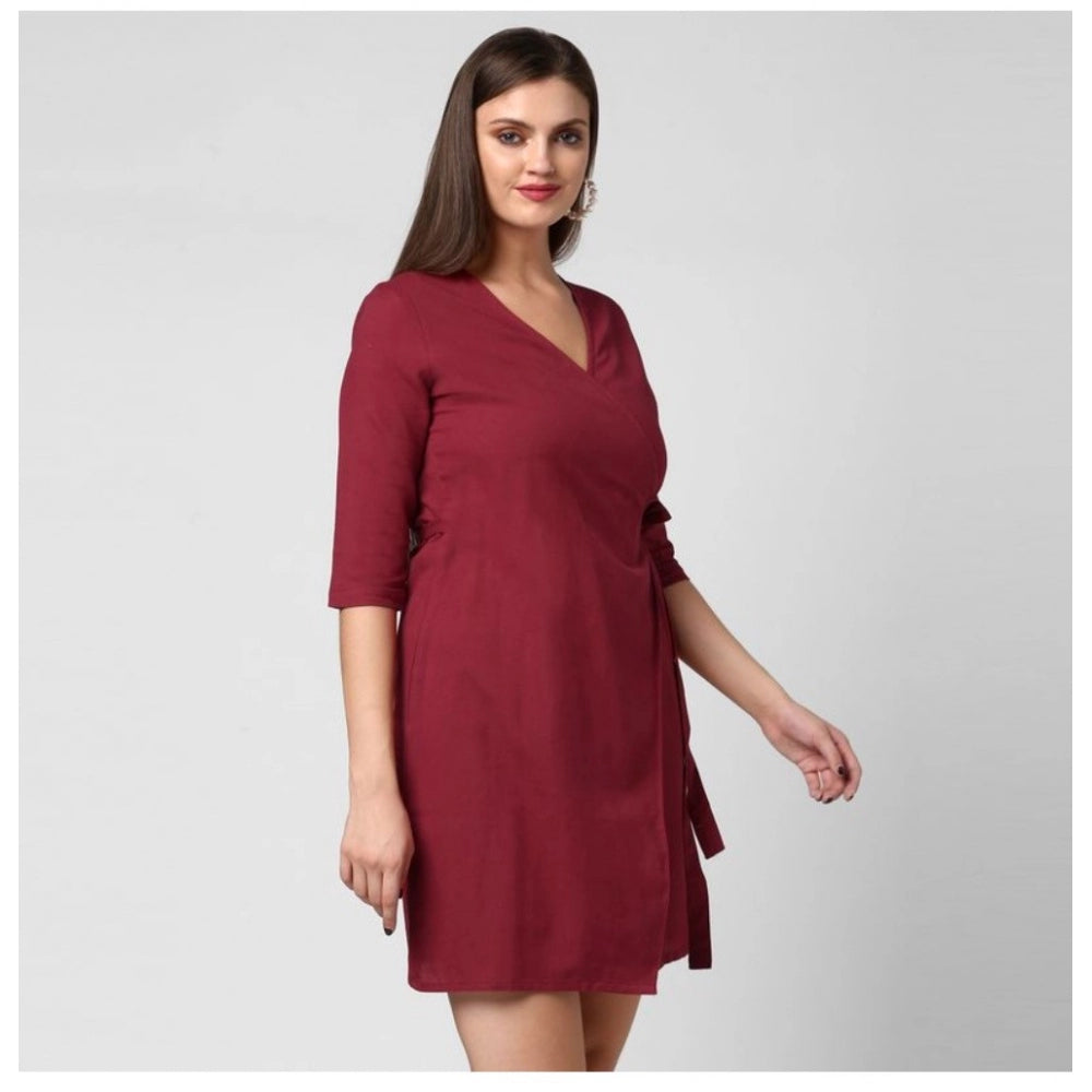 Amfyn Women's Cotton Solid 3-4th Sleeves Above Knee Dress (Maroon)