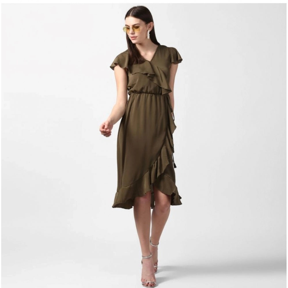 Amfyn Women's Polyester Ruffled Cap Sleeve Knee-Length Dress (Olive)
