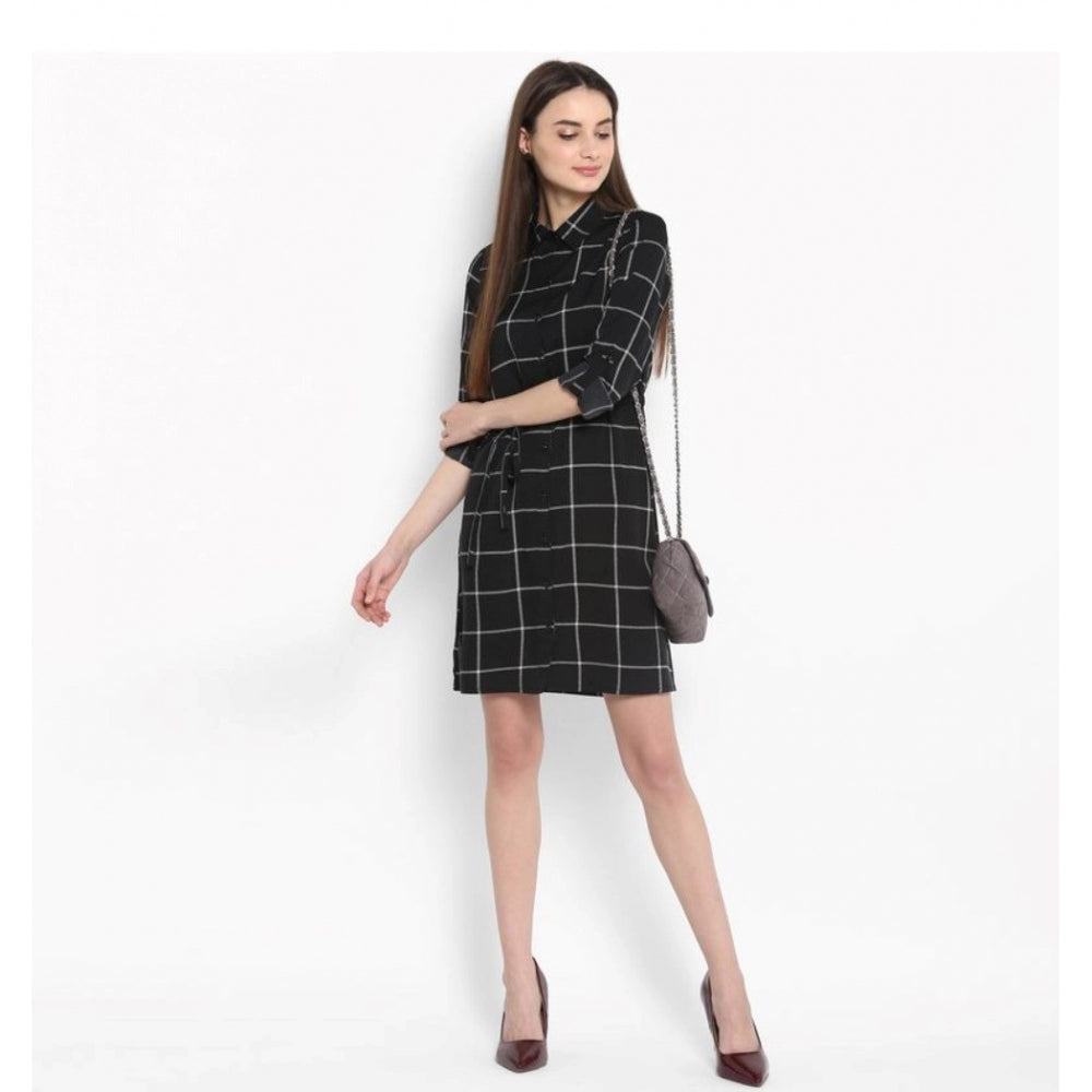 Amfyn Women's Polyester Checkered Roll Up Sleeve Above Knee Dress (Black - White)