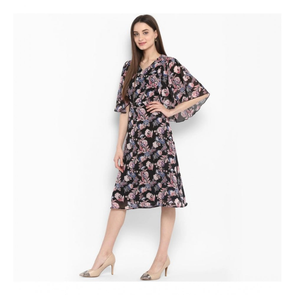 Amfyn Women's Polyester Floral Short Sleeve Knee-Length Dress (Black - Multicolor)