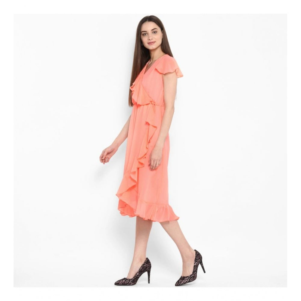 Amfyn Women's Polyester Ruffled Cap Sleeve Below Knee Dress (Neon Pink)