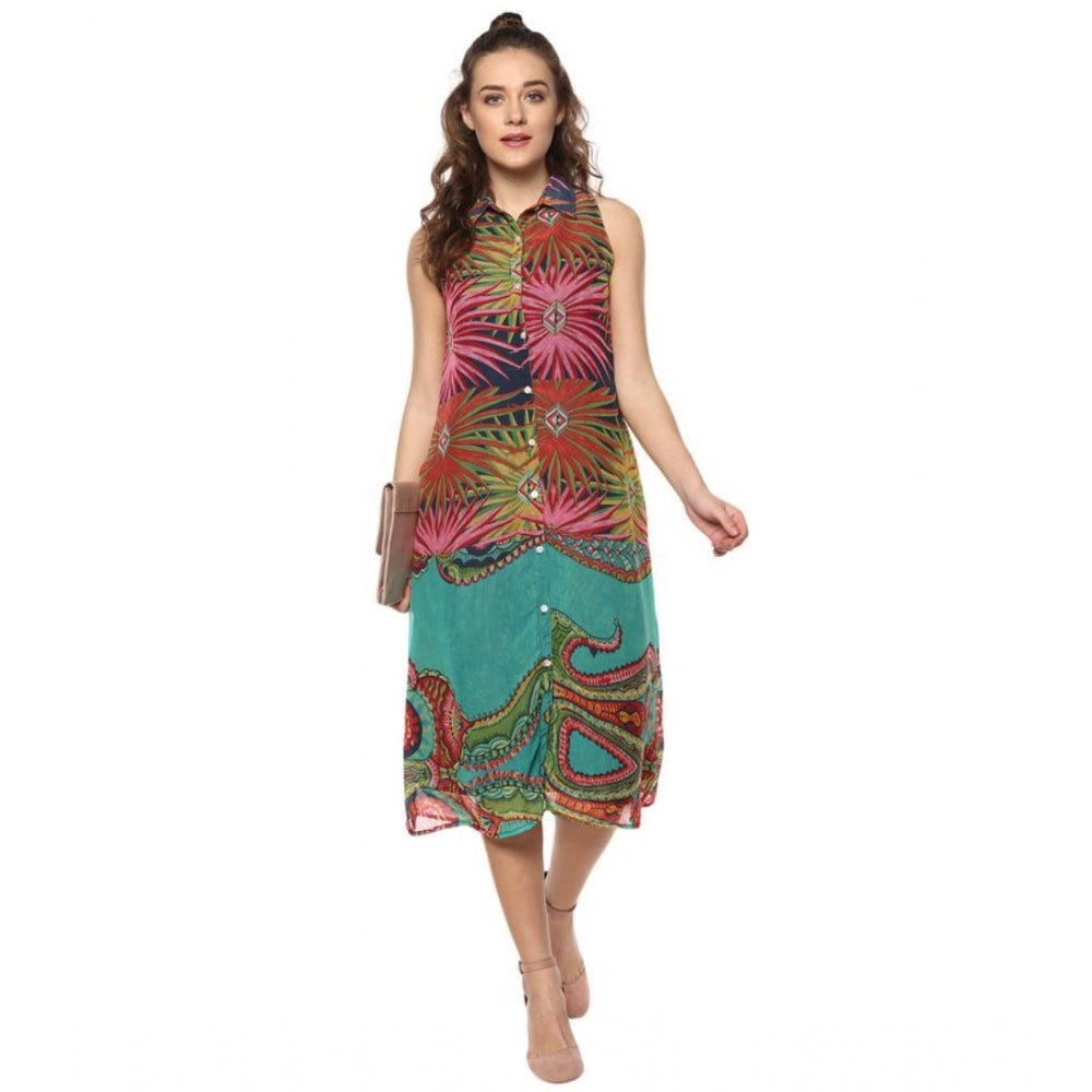 Amfyn Women's Polyester Floral Sleeveless Below Knee Dress (Multicolor)