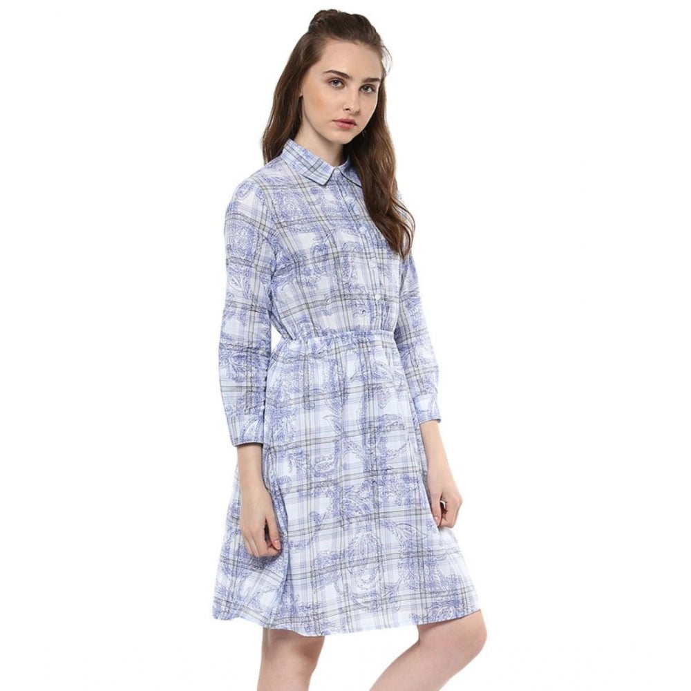 Amfyn Women's Cotton Checkered Roll Up Sleeve Above Knee Dress (Blue)