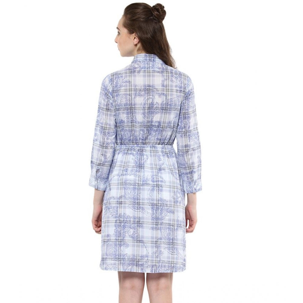 Amfyn Women's Cotton Checkered Roll Up Sleeve Above Knee Dress (Blue)