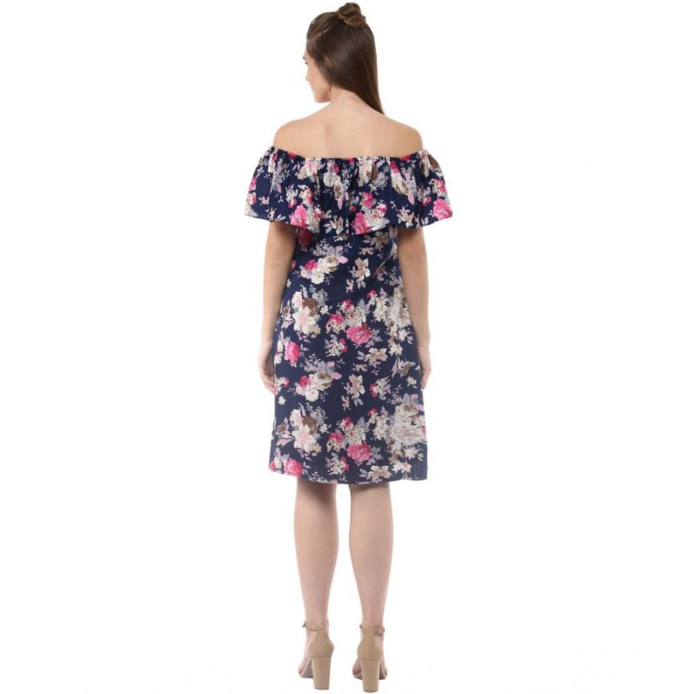Amfyn Women's Polyester Crepe Floral Half Sleeve Above Knee Dress (Navy Blue)