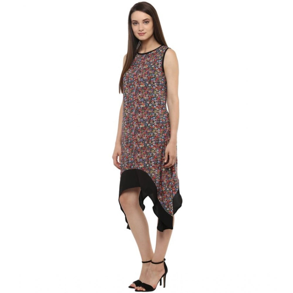 Amfyn Women's Polyester Printed Sleeveless Knee-Length Dress (Multicolor)
