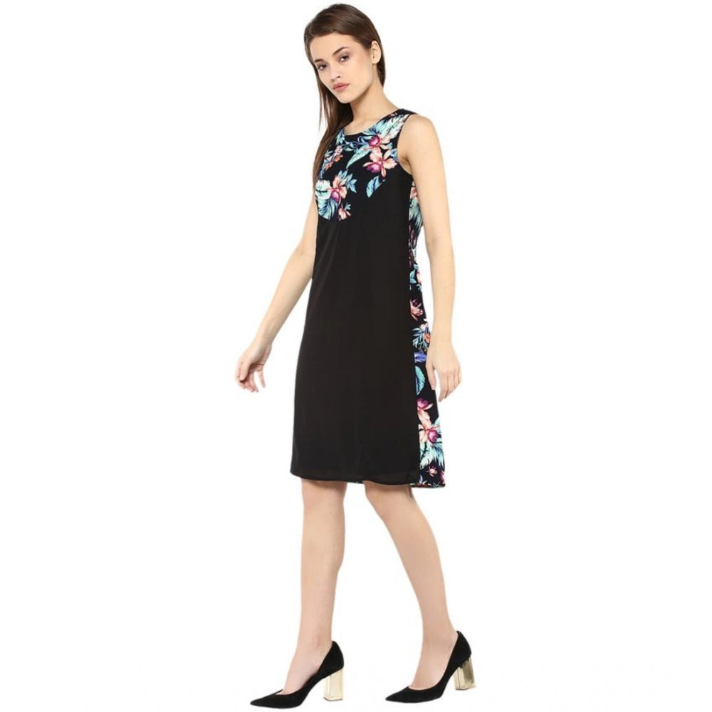 Amfyn Women's Polyester Printed Sleeveless Above Knee Dress (Black - Multicolor)
