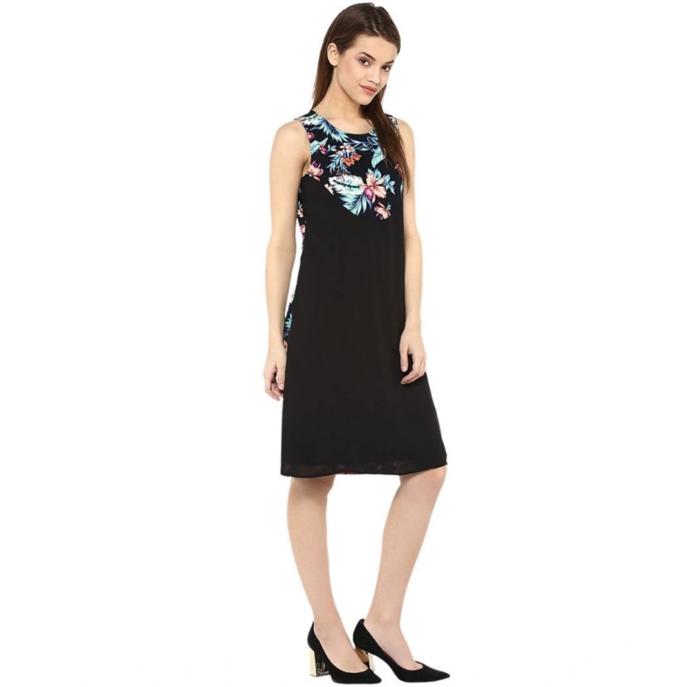 Amfyn Women's Polyester Printed Sleeveless Above Knee Dress (Black - Multicolor)