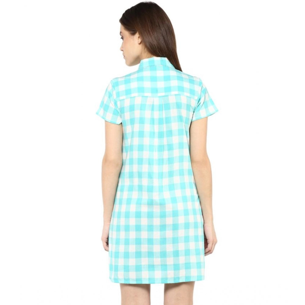 Amfyn Women's Rayon Checkered Short Sleeve Above Knee Dress (SkuBlue - White)