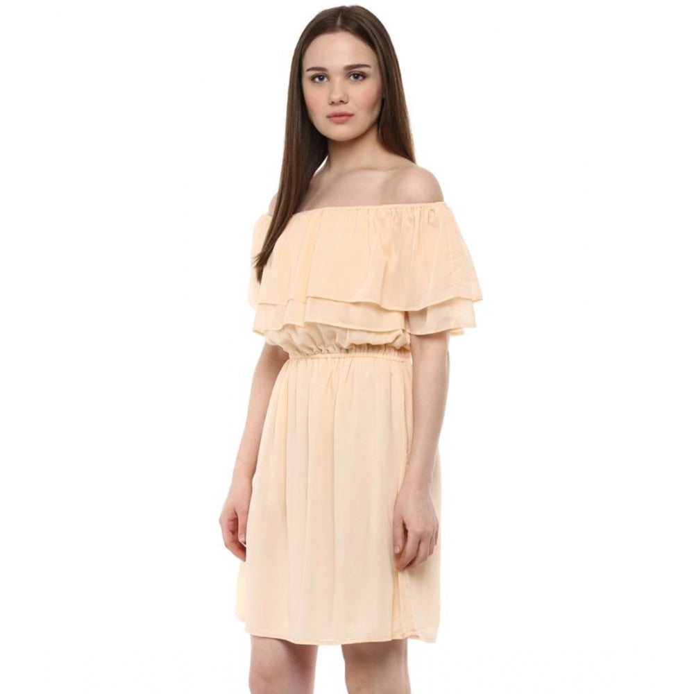 Amfyn Women's Polyester Solid Sleeveless Knee-Length Dress (Beige)
