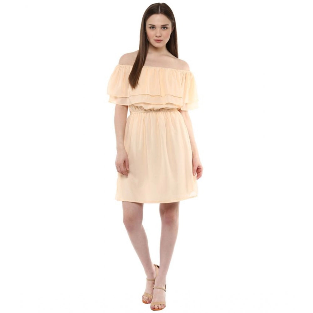 Amfyn Women's Polyester Solid Sleeveless Knee-Length Dress (Beige)