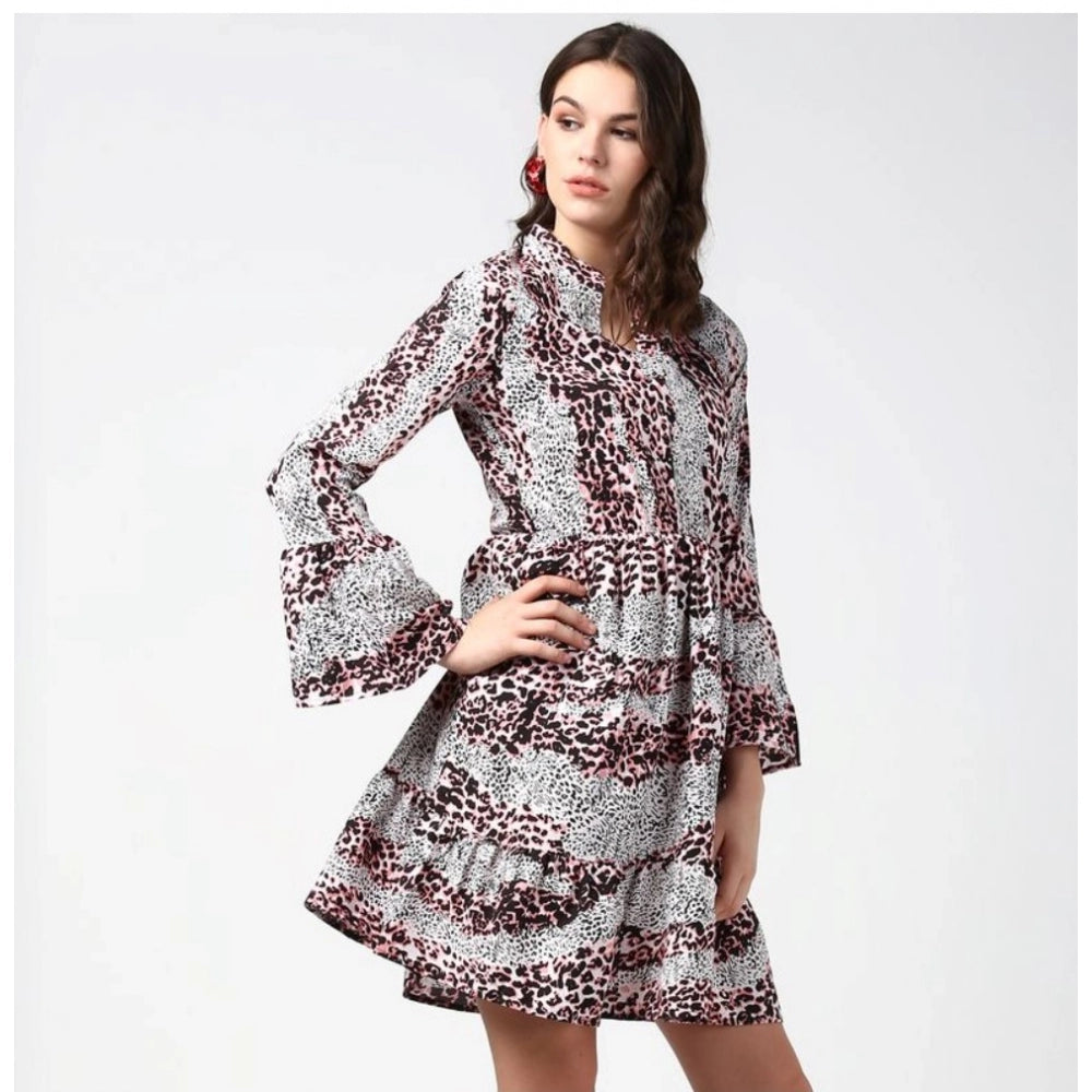 Amfyn Women's Polyester Animal Print Bell Sleeve Above Knee Dress (Pink - Black)