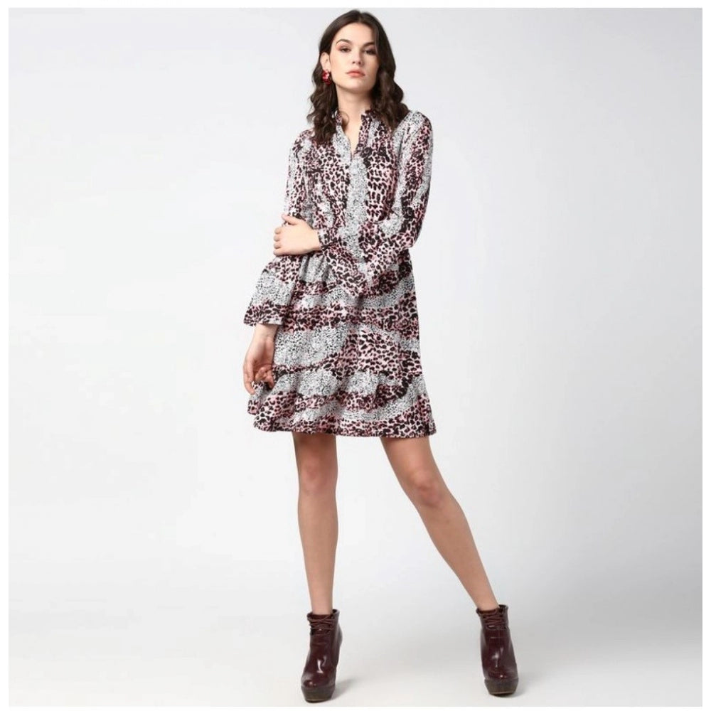Amfyn Women's Polyester Animal Print Bell Sleeve Above Knee Dress (Pink - Black)