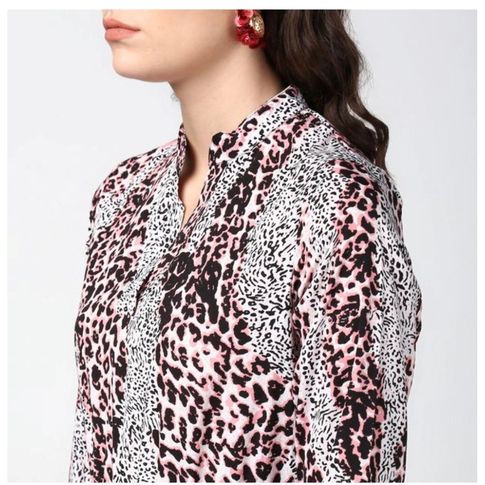 Amfyn Women's Polyester Animal Print Bell Sleeve Above Knee Dress (Pink - Black)