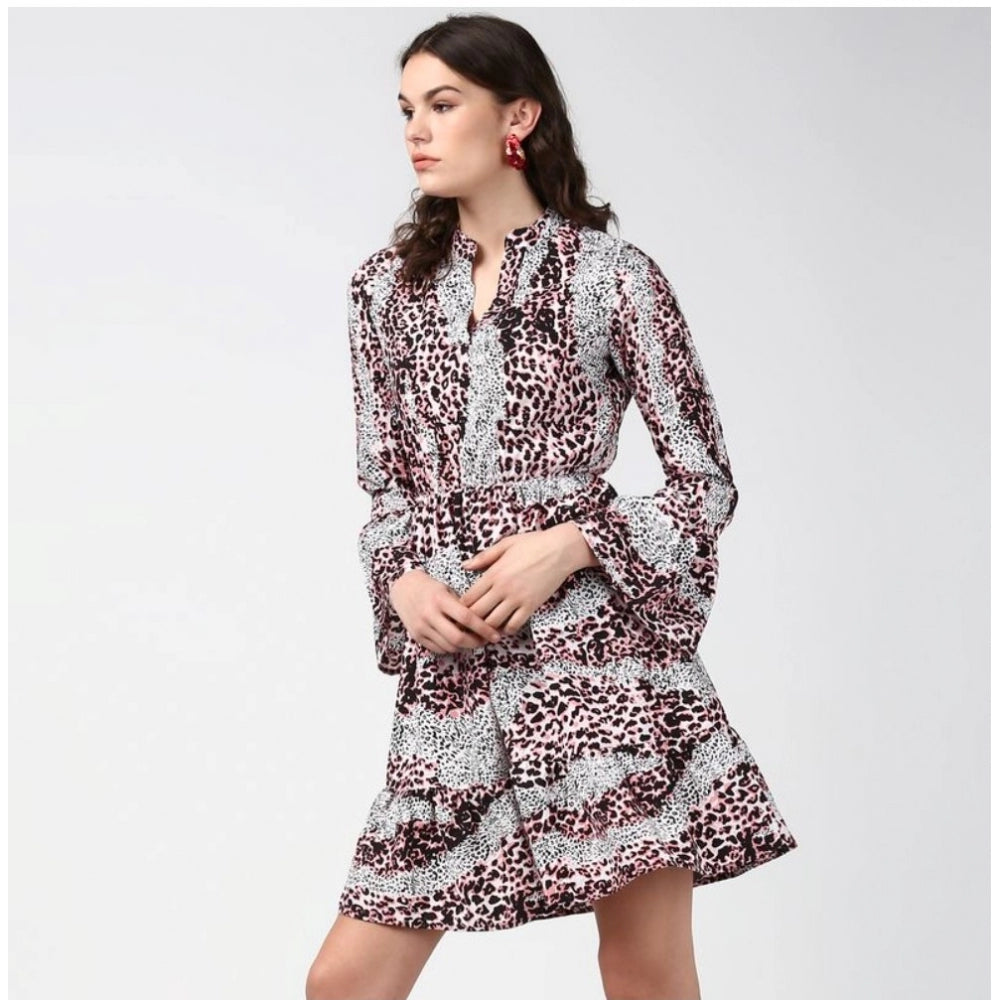 Amfyn Women's Polyester Animal Print Bell Sleeve Above Knee Dress (Pink - Black)