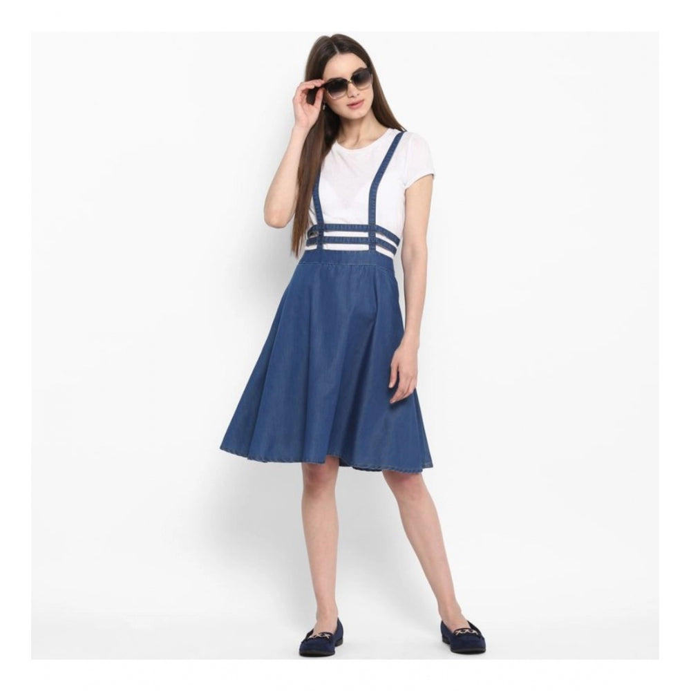 Amfyn Women's Denim Solid Shoulder Straps Below Knee Dress (Blue)