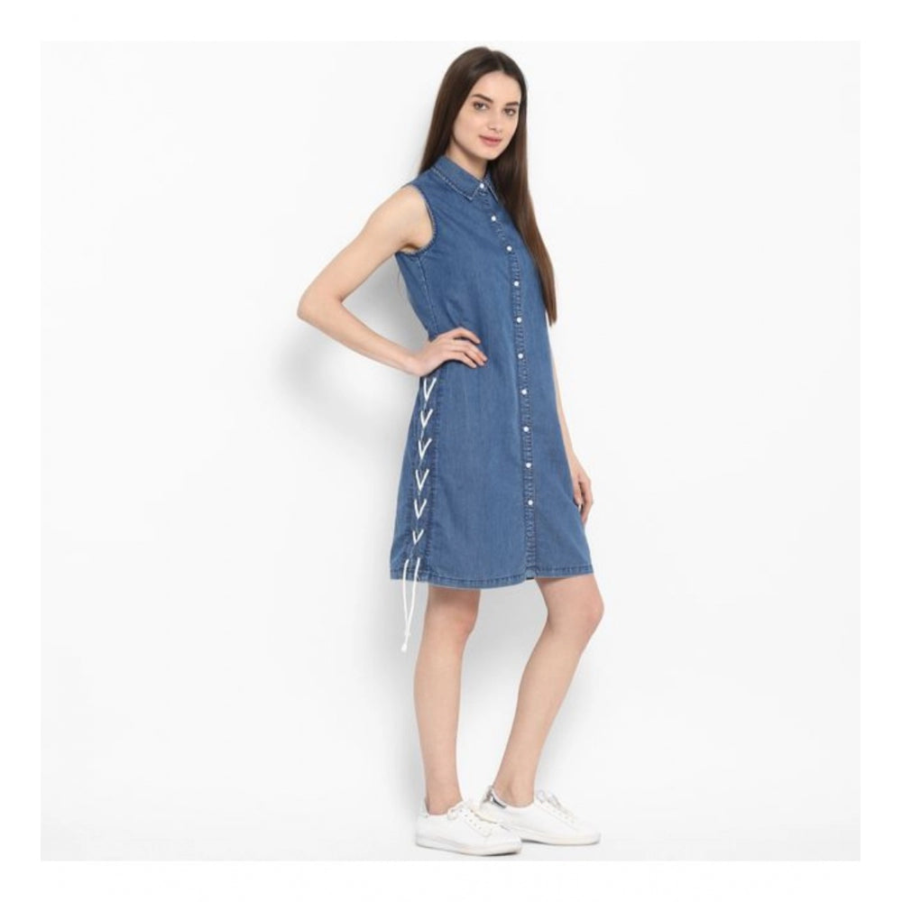Amfyn Women's Denim Solid Sleeveless Above Knee Dress (Blue)