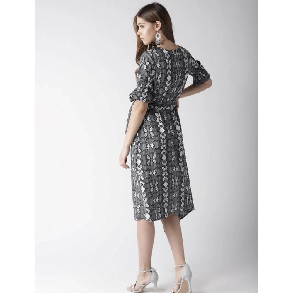 Amfyn Women's Polyester Animal Print Short Sleeve Knee-Length Dress (Black - White)