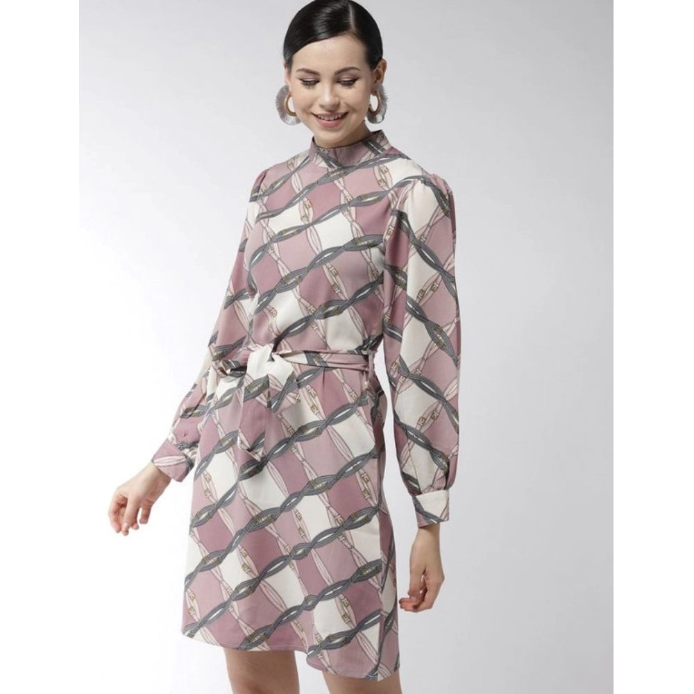 Amfyn Women's Polyester Checkered Long Sleeves Above Knee Dress (Off White - Lavender)