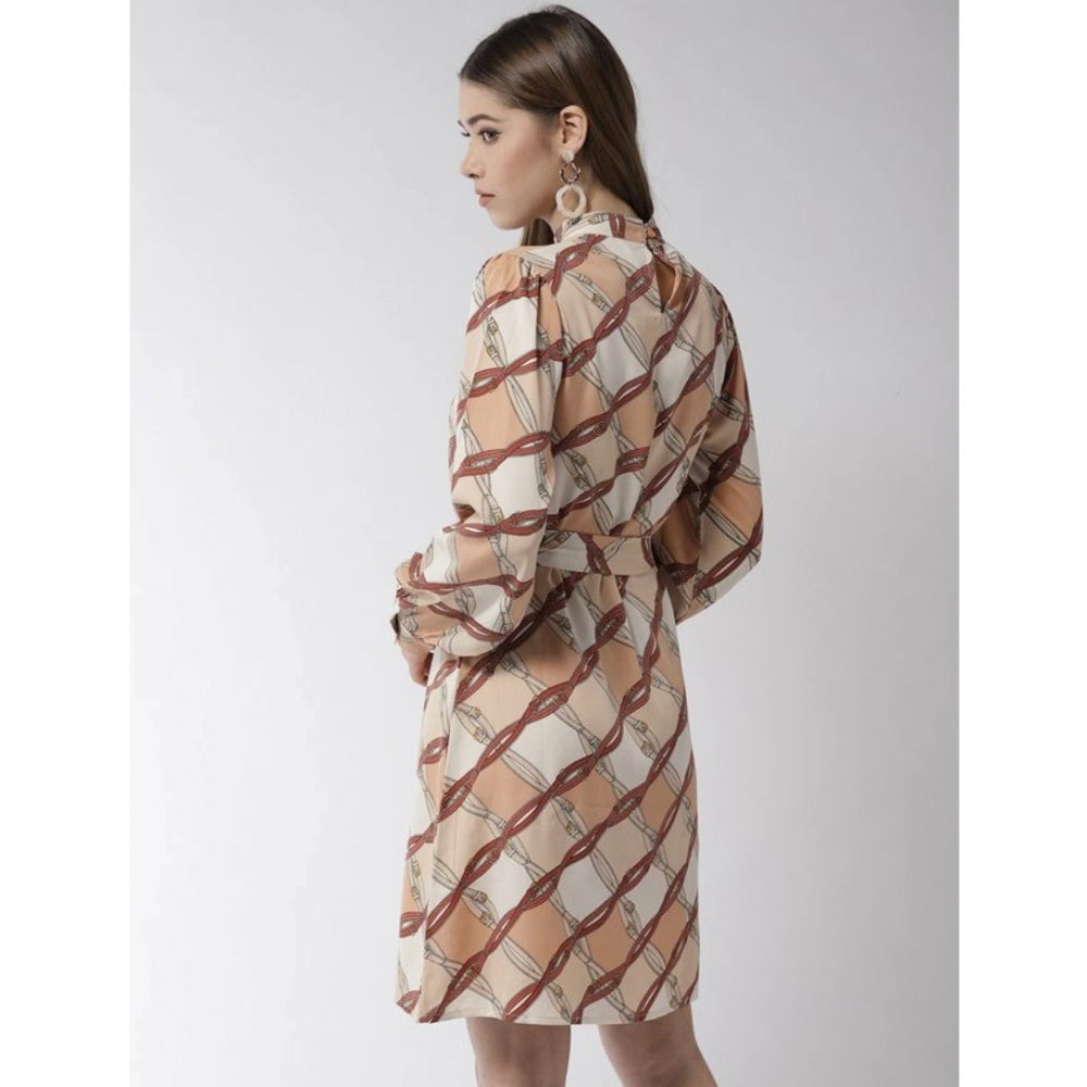Amfyn Women's Polyester Checkered Long Sleeves Above Knee Dress (Off White - Brown)