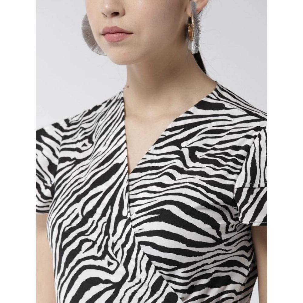 Amfyn Women's Polyester Animal Print Short Sleeve Knee-Length Dress (Black - White)