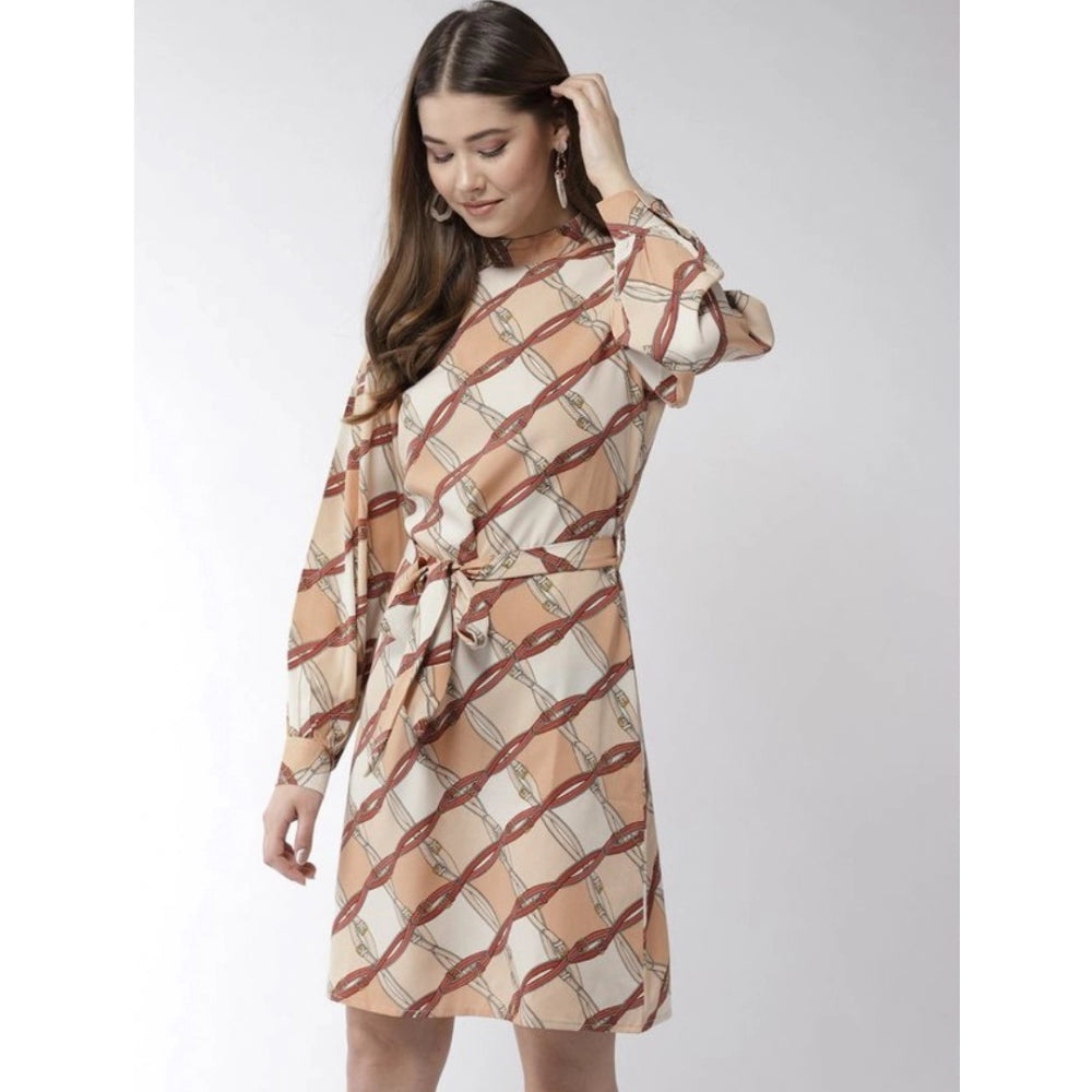 Amfyn Women's Polyester Checkered Long Sleeves Above Knee Dress (Off White - Brown)