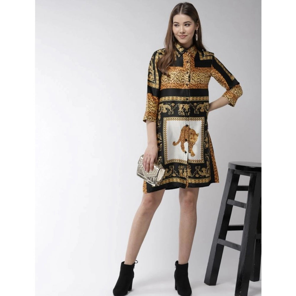 Amfyn Women's Satin Animal Print 3-4th Sleeves Above Knee Dress (White - Orange)