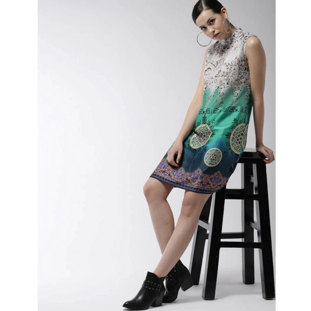 Amfyn Women's Polyester Printed Sleeveless Above Knee Dress (Multicolor)
