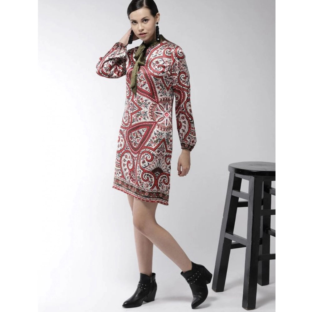 Amfyn Women's Polyester Printed Long Sleeves Above Knee Dress (Red)