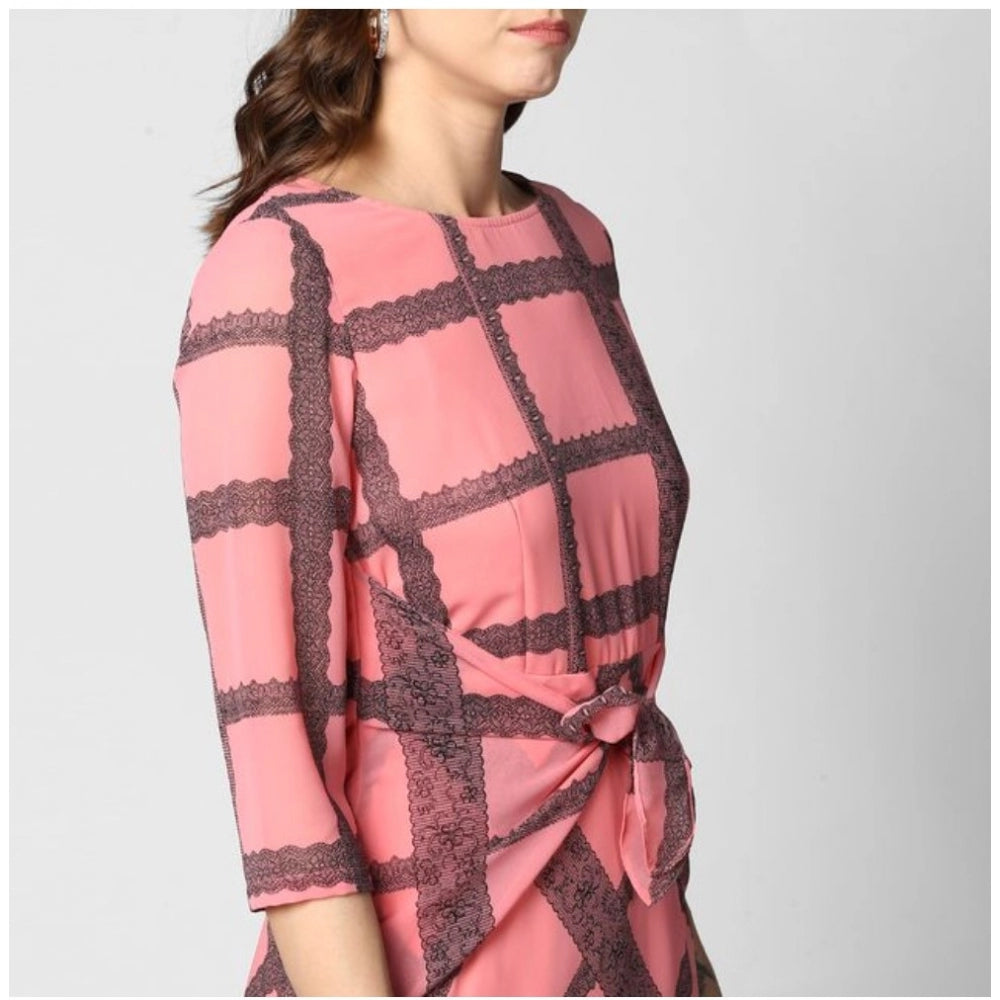 Amfyn Women's Polyester Checkered 3-4th Sleeves Below Knee Dress (Pink - Black)