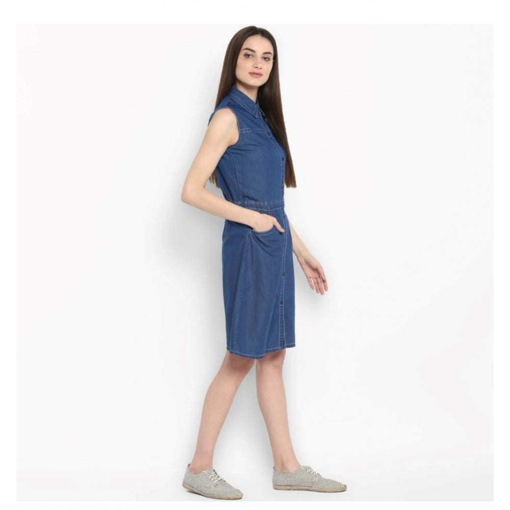 Amfyn Women's Denim Solid Sleeveless Above Knee Dress (Blue)