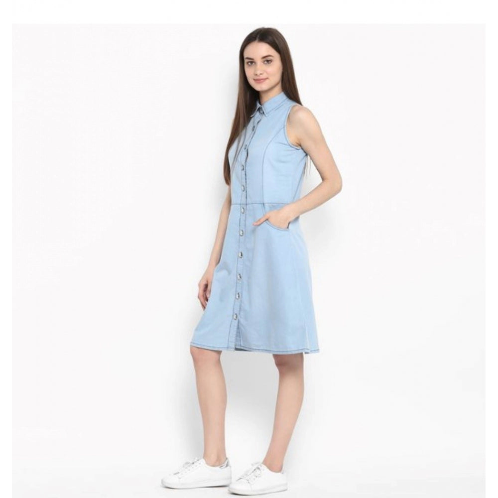 Amfyn Women's Denim Solid Sleeveless Below Knee Dress (Blue)