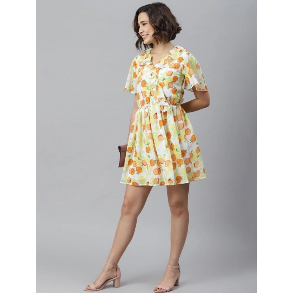 Amfyn Women's Polyester Printed Flutter Above Knee Dress (Yellow - Orange)