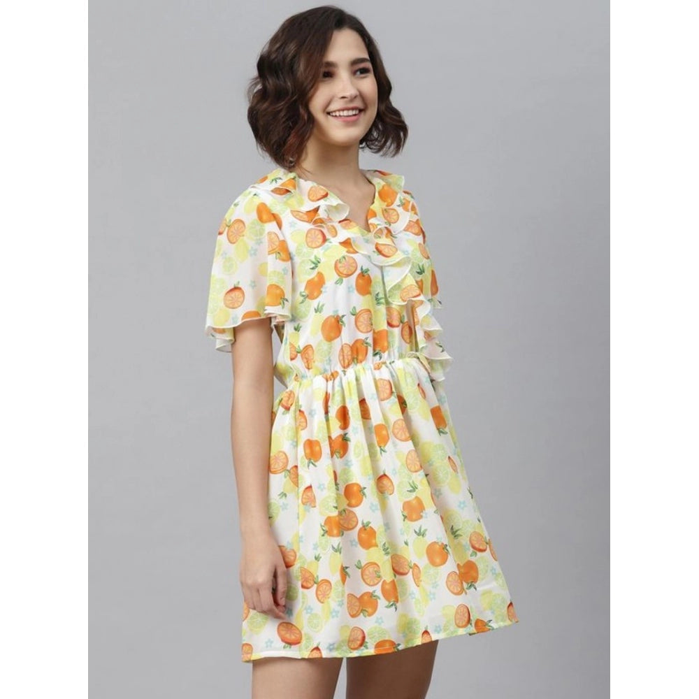 Amfyn Women's Polyester Printed Flutter Above Knee Dress (Yellow - Orange)