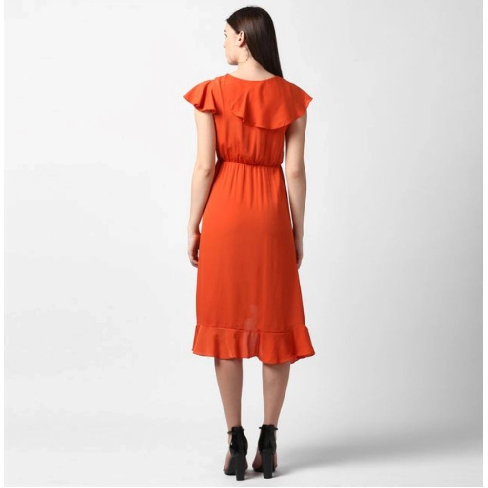 Amfyn Women's Polyester Ruffled Cap Sleeve Knee-Length Dress (Orange)