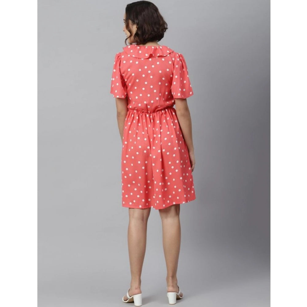 Amfyn Women's Polyester Polka Flutter Above Knee Dress (Coral)