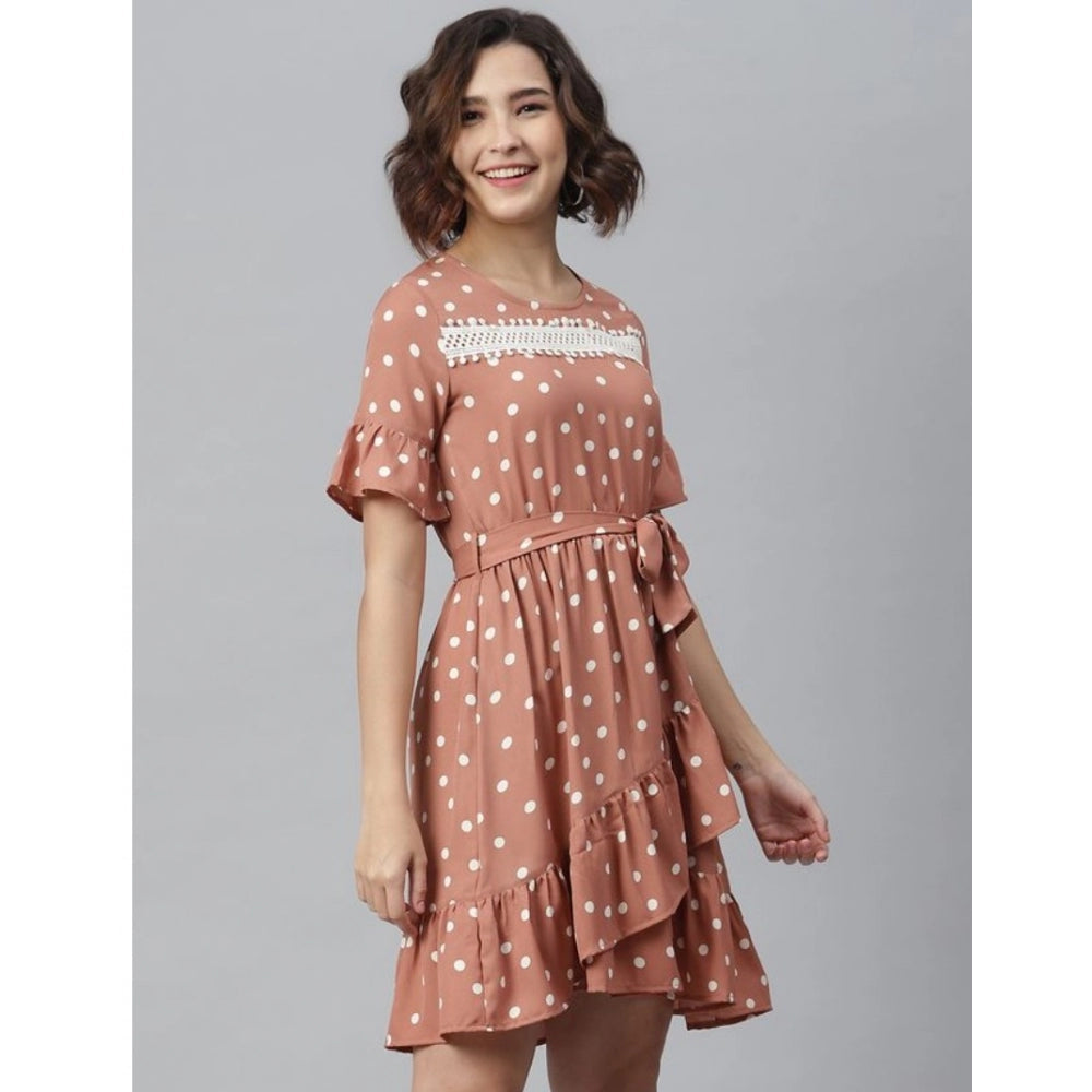 Amfyn Women's Polyester Polka Bell Sleeve Above Knee Dress (Brown)