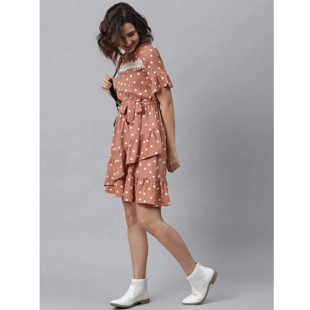 Amfyn Women's Polyester Polka Bell Sleeve Above Knee Dress (Brown)