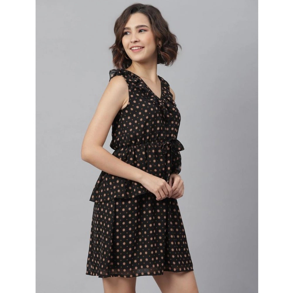 Amfyn Women's Polyester Peplum Sleeveless Above Knee Dress (Black)