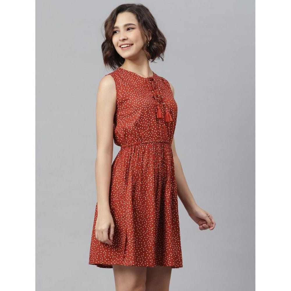 Amfyn Women's Rayon Polka Sleeveless Above Knee Dress (Rust)