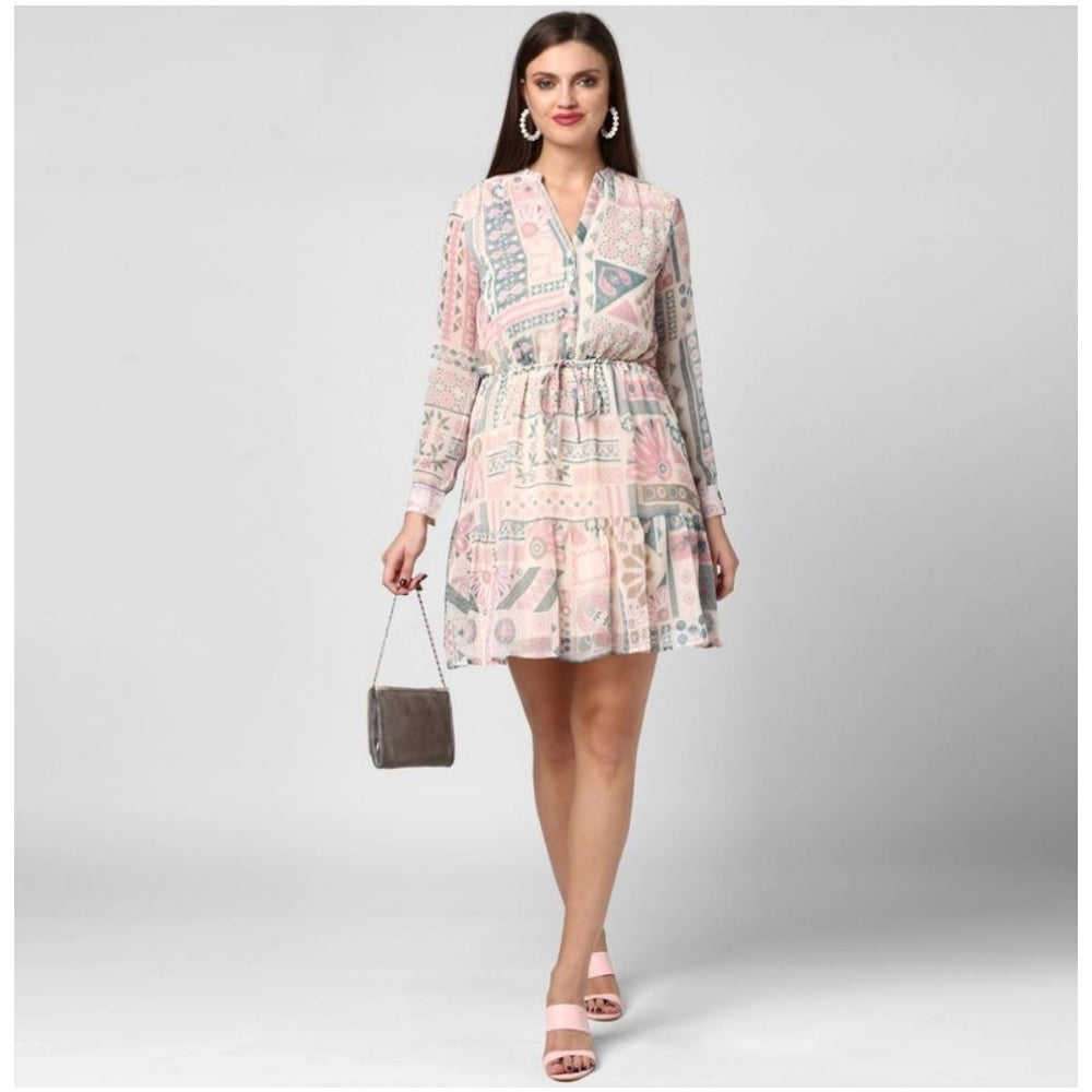 Amfyn Women's Polyester Printed Long Sleeves Above Knee Dress (Light Pink - Off White)